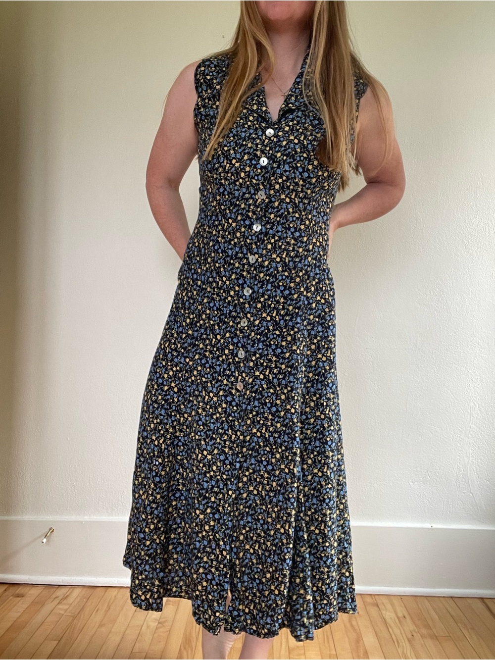 Robbie Bee blue & yellow floral midi dress with button-up front